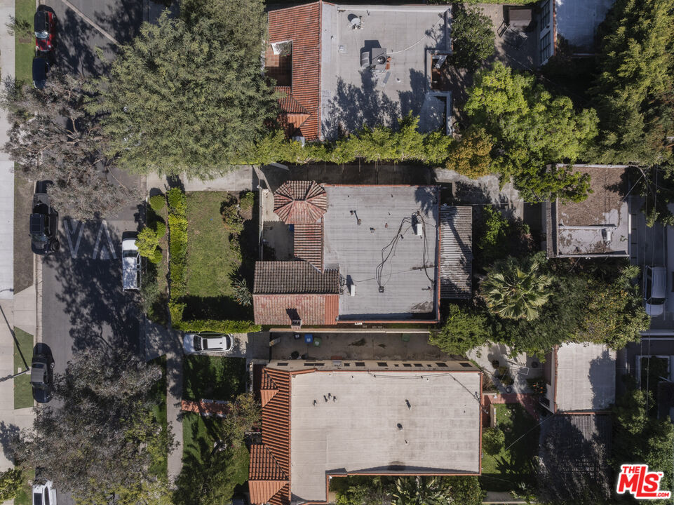 An aerial view of the property and its 6,610 sqft lot in the Beverly Grove neighborhood.